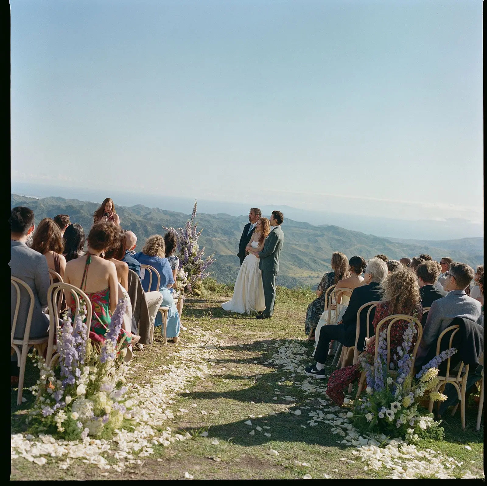 The ceremony from the side, guests seated in the grass and delphinium arrangements marking the head of the aisle.